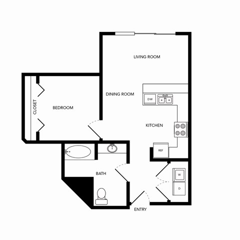 Floor plan for 1 bed, 1 bath, 653 sqft